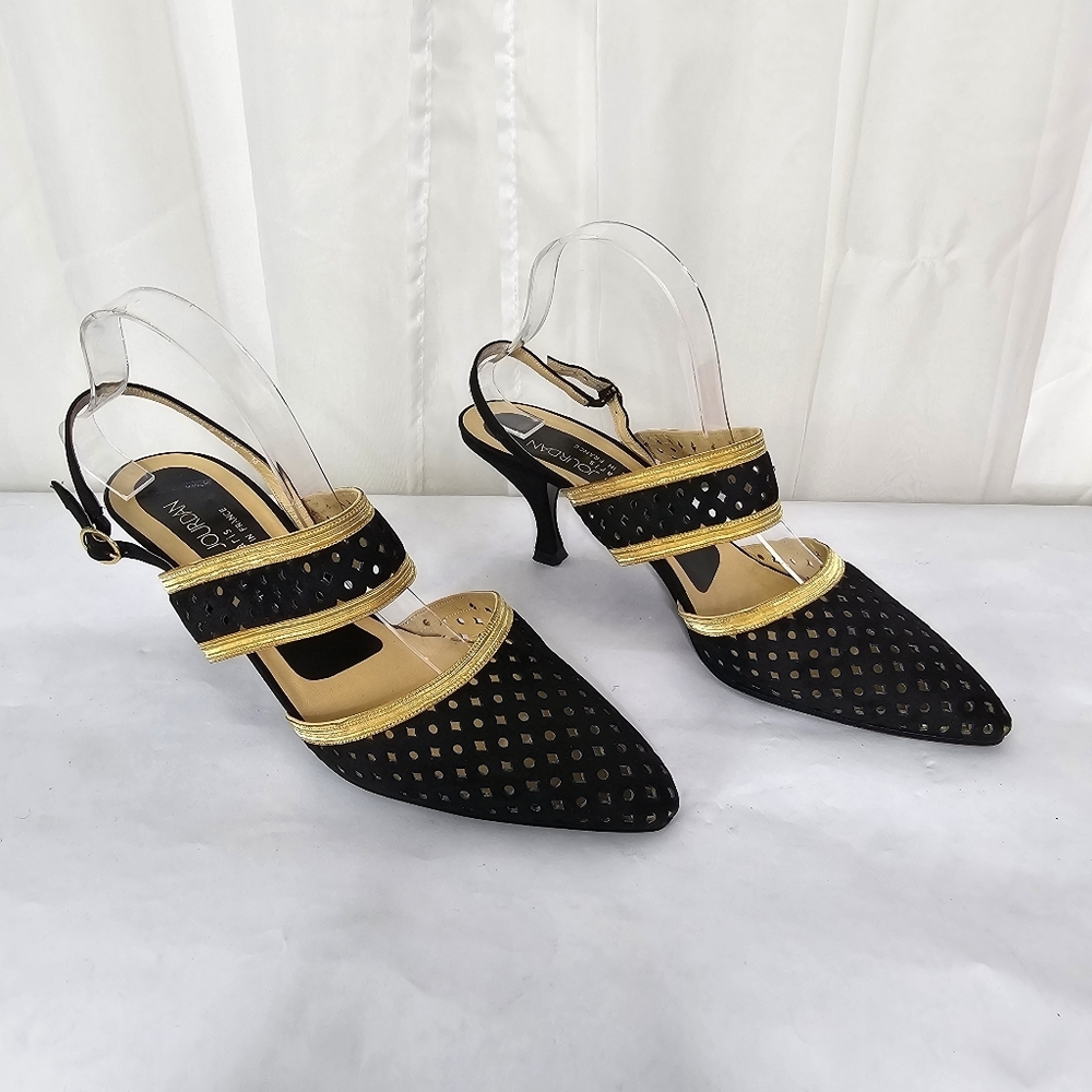 Charles Jourdan Black Gold Leather Perforated Strappy Slingback Heels Size 10